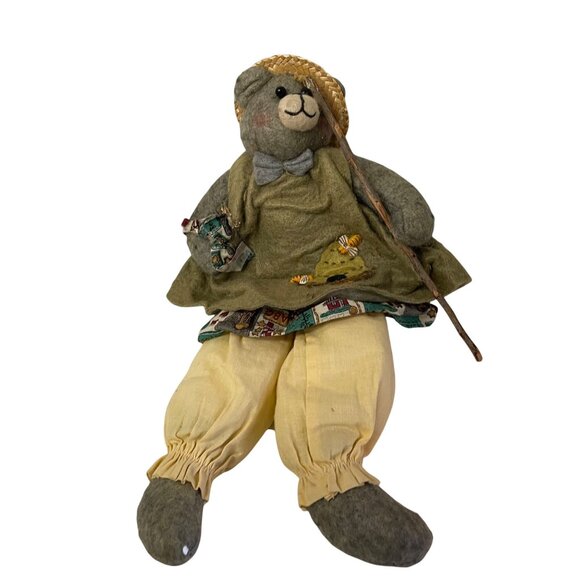 Handcrafted Grey Bear Doll With Straw Hat & Stick Lissa Ann Design Felt & Fabric - Picture 1 of 10